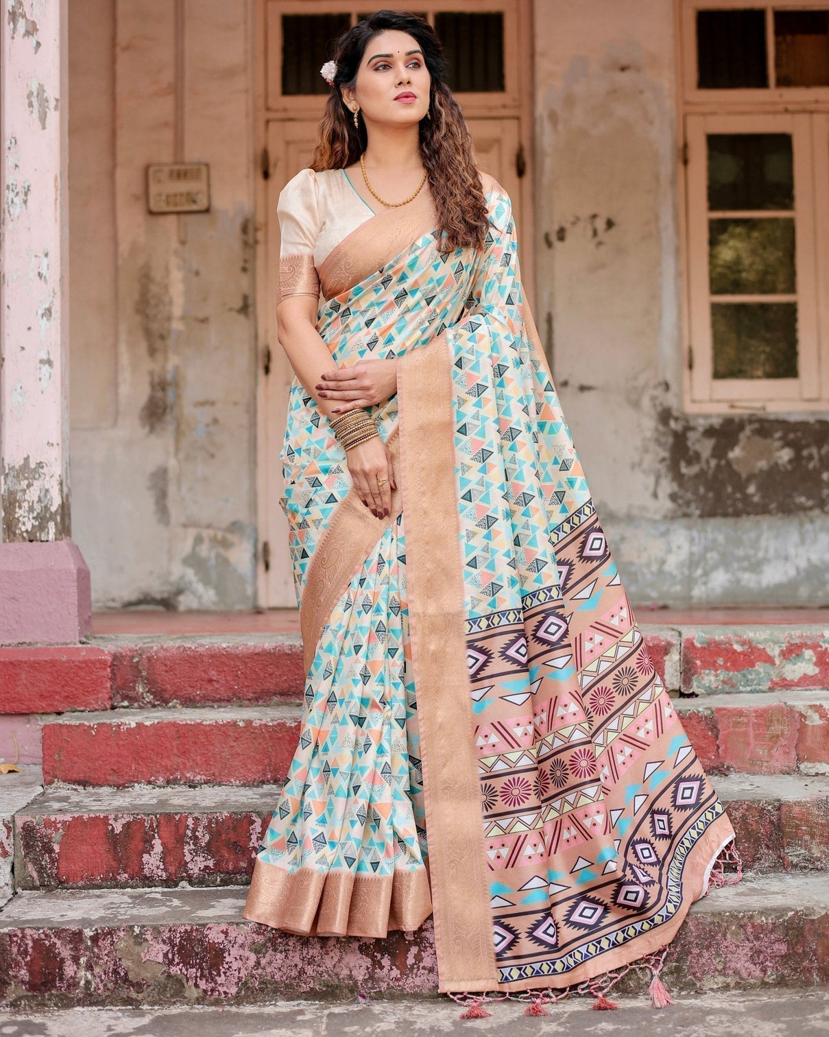 Contemporary Beige Tussar Silk Saree with Geometric Triangle Print and Golden Zari Border