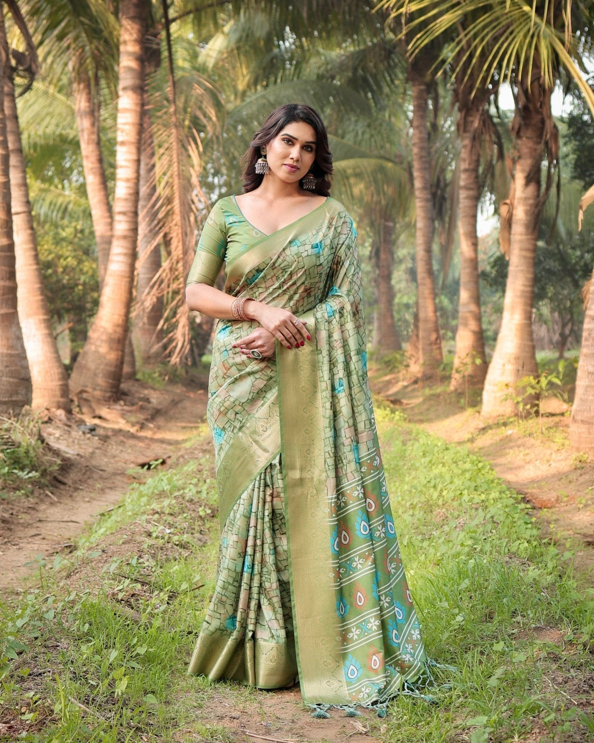 Elegant Light Green Tussar Silk Saree with Zari Motif Border and Contemporary Checkered Pallu Design