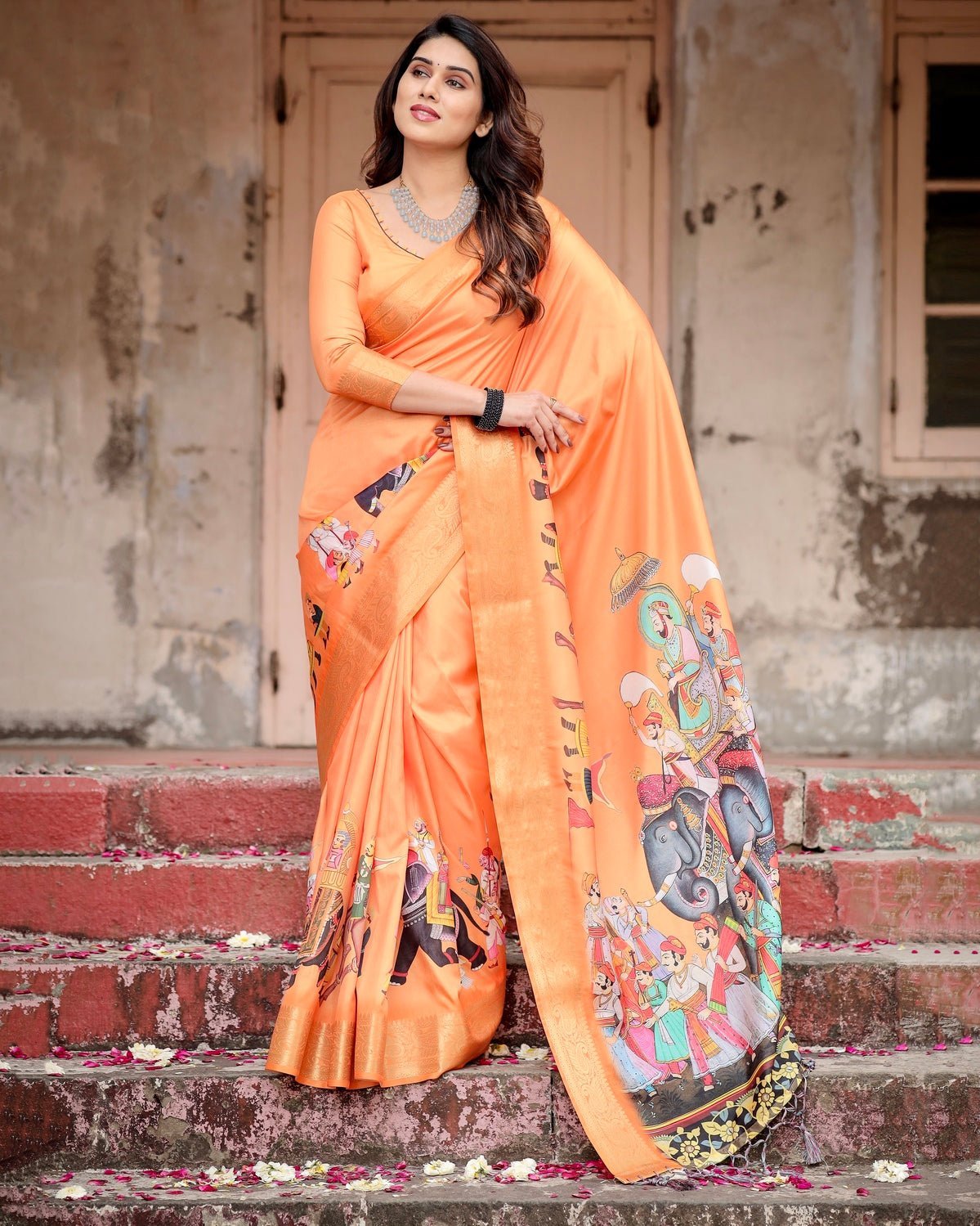 Sunset Orange Tussar Silk Saree with Royal Procession Pallu and Zari Border