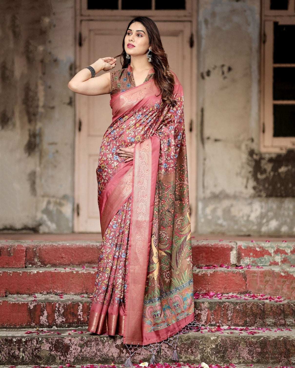 Rich Maroon Digital Print Saree with Antique Floral Design and Elegant Tassels