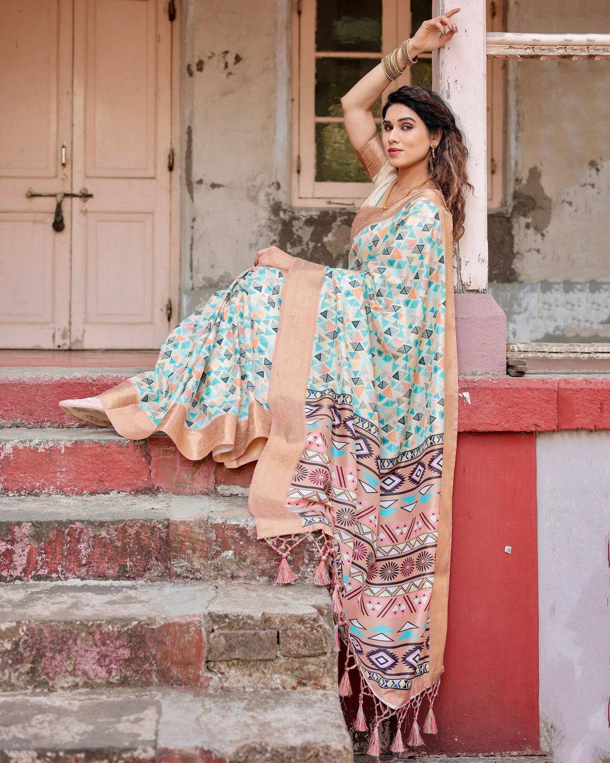 Contemporary Beige Tussar Silk Saree with Geometric Triangle Print and Golden Zari Border