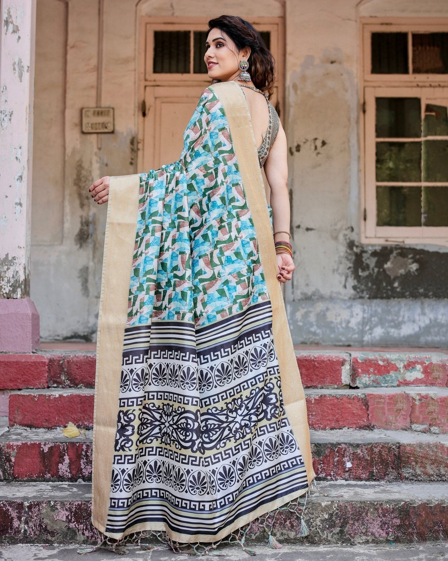 Contemporary Abstract Print Saree with Gold Border and Monochrome Patterned Pallu