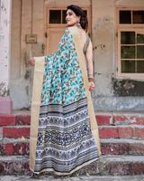 Contemporary Abstract Print Saree with Gold Border and Monochrome Patterned Pallu