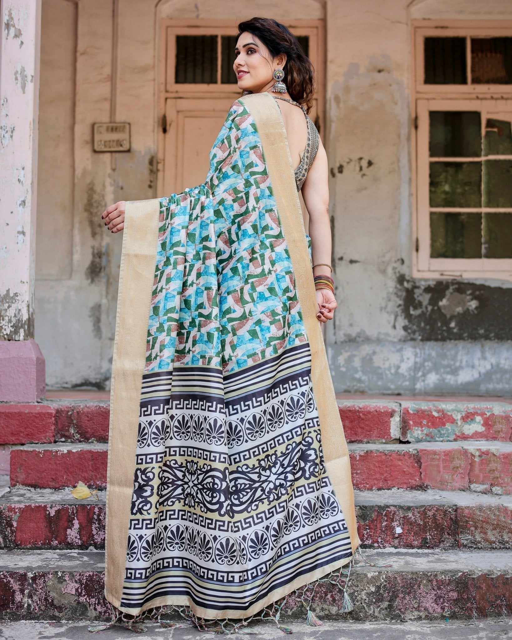 Contemporary Abstract Print Saree with Gold Border and Monochrome Patterned Pallu