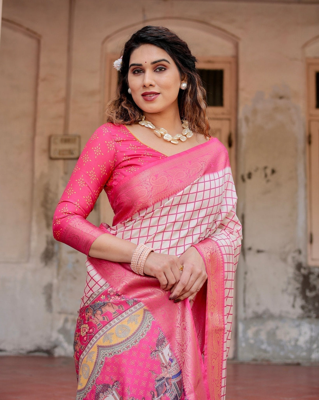 Pink and Ivory Tussar Silk Saree with Golden Zari Border and Majestic Elephant Motif Pallu