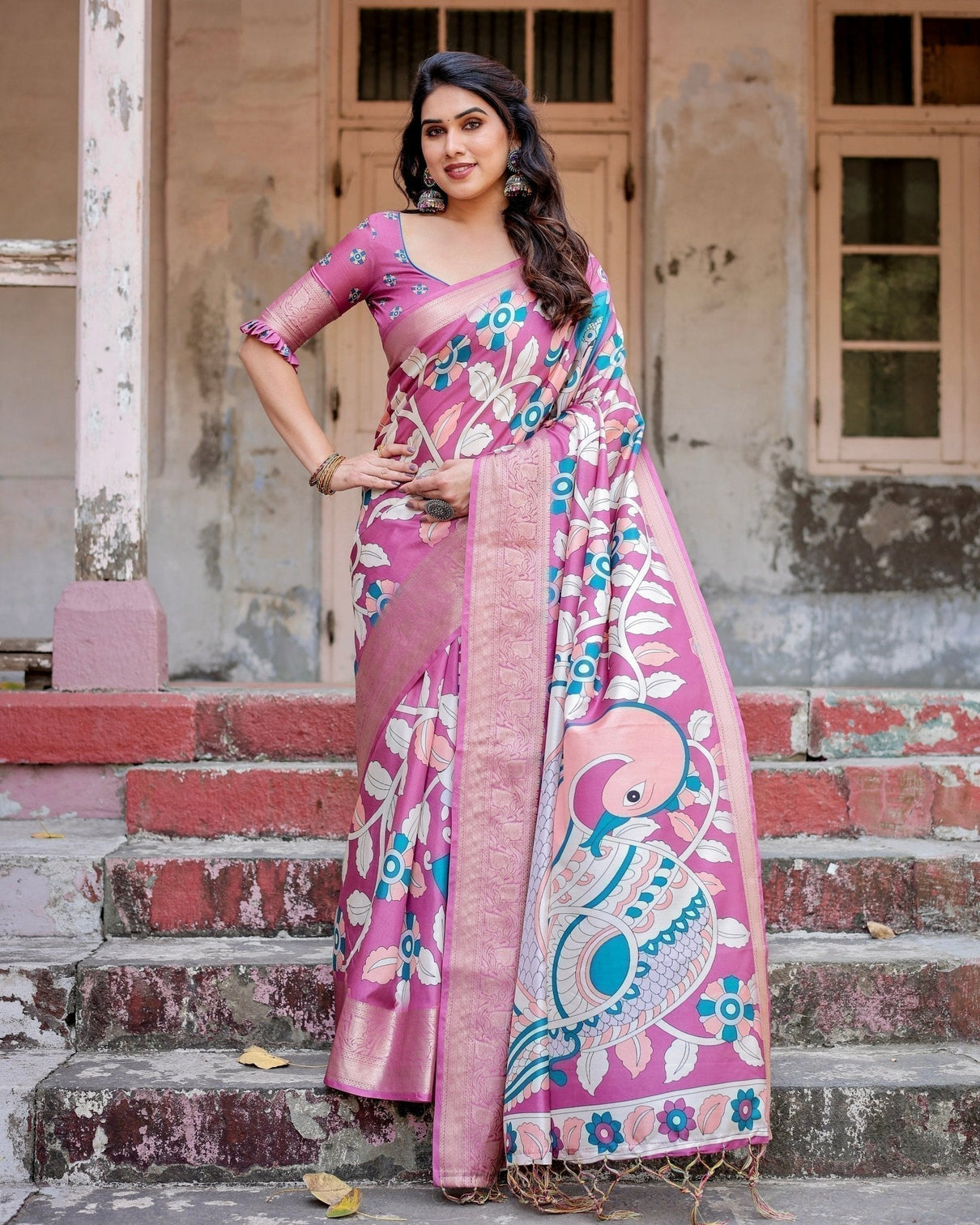 Blush Pink Tussar Silk Saree with Elegant Peacock and Floral Kalamkari Design