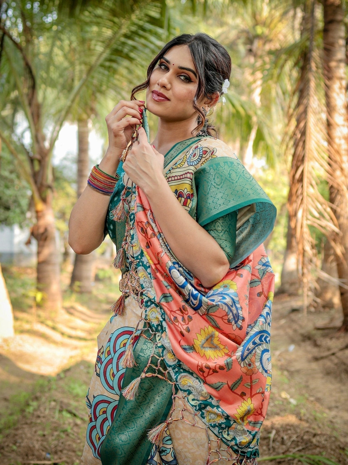 Elegant Tussar Silk Saree in Beige and Coral with Madhubani Pallu and Zari Accents