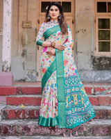Elegant Multicolor Floral Digital Print Saree with Ornate Green Border and Artistic Pallu