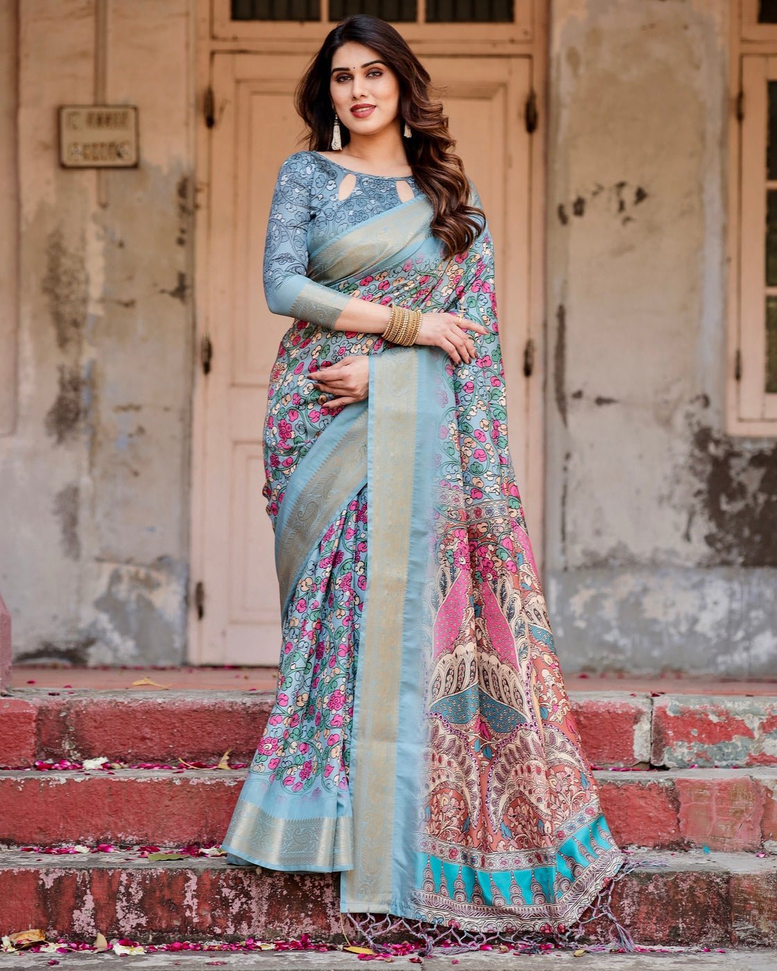 Sky Blue Tussar Silk Saree with Floral Weaves and Ornamental Pallu Design