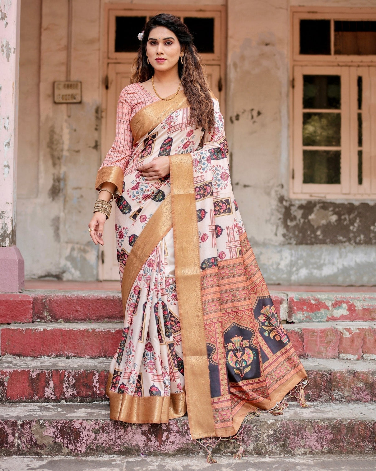 Ivory Tussar Silk Saree with Artistic Floral Motifs and Gleaming Golden Zari Border