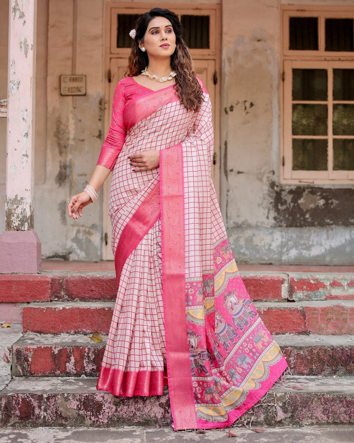 Pink and Ivory Tussar Silk Saree with Golden Zari Border and Majestic Elephant Motif Pallu
