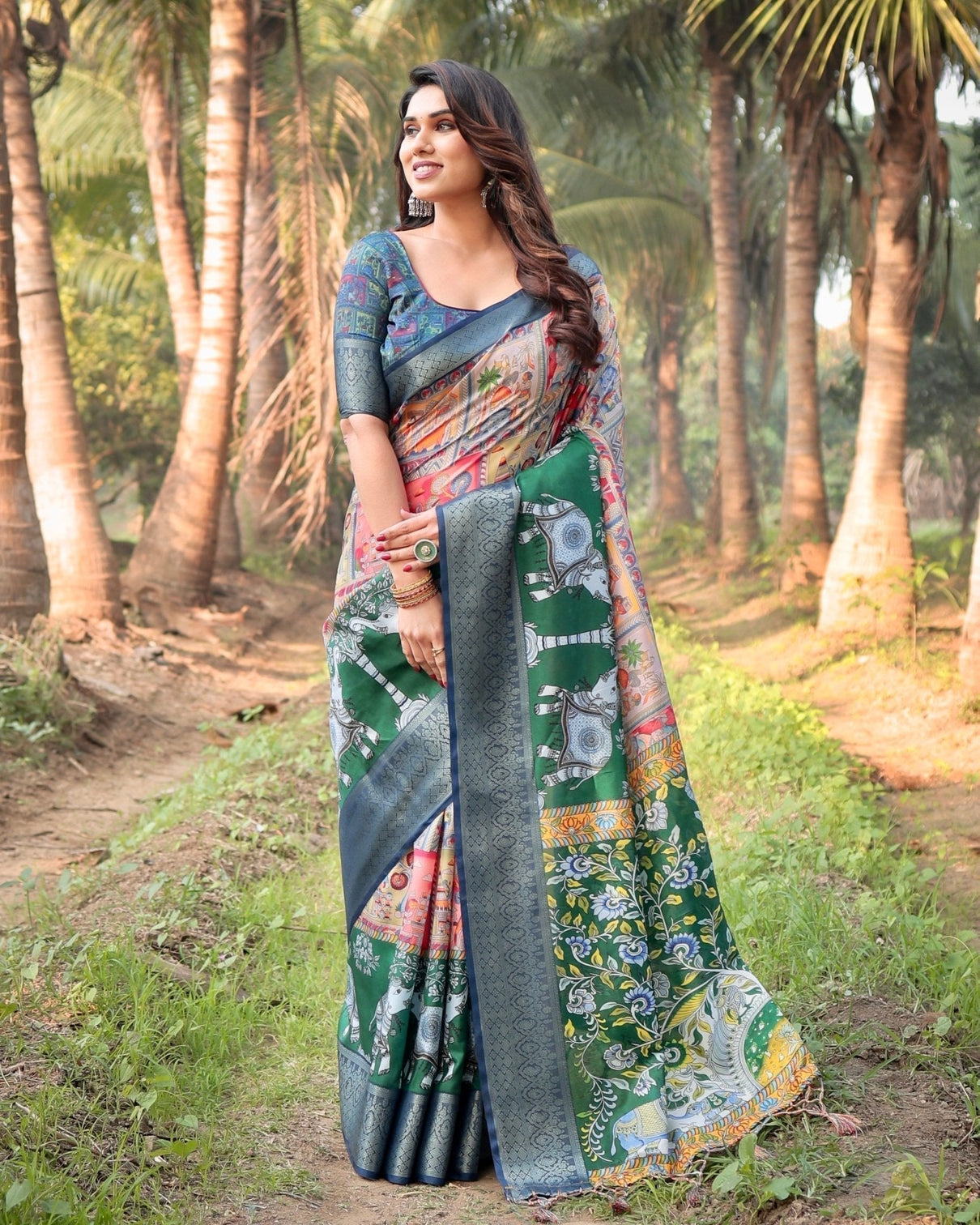Multicolored Digital Print Tussar Silk Saree with Intricate Zari Border and Elephant Motif Pallu