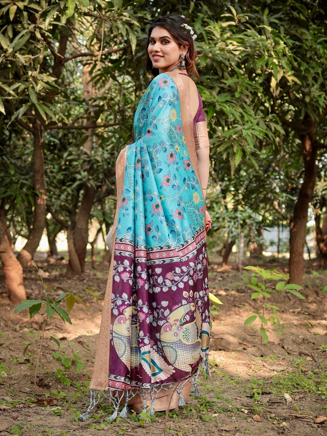 Aqua Blue Tussar Silk Saree with Floral Vine Design and Gold Zari Border