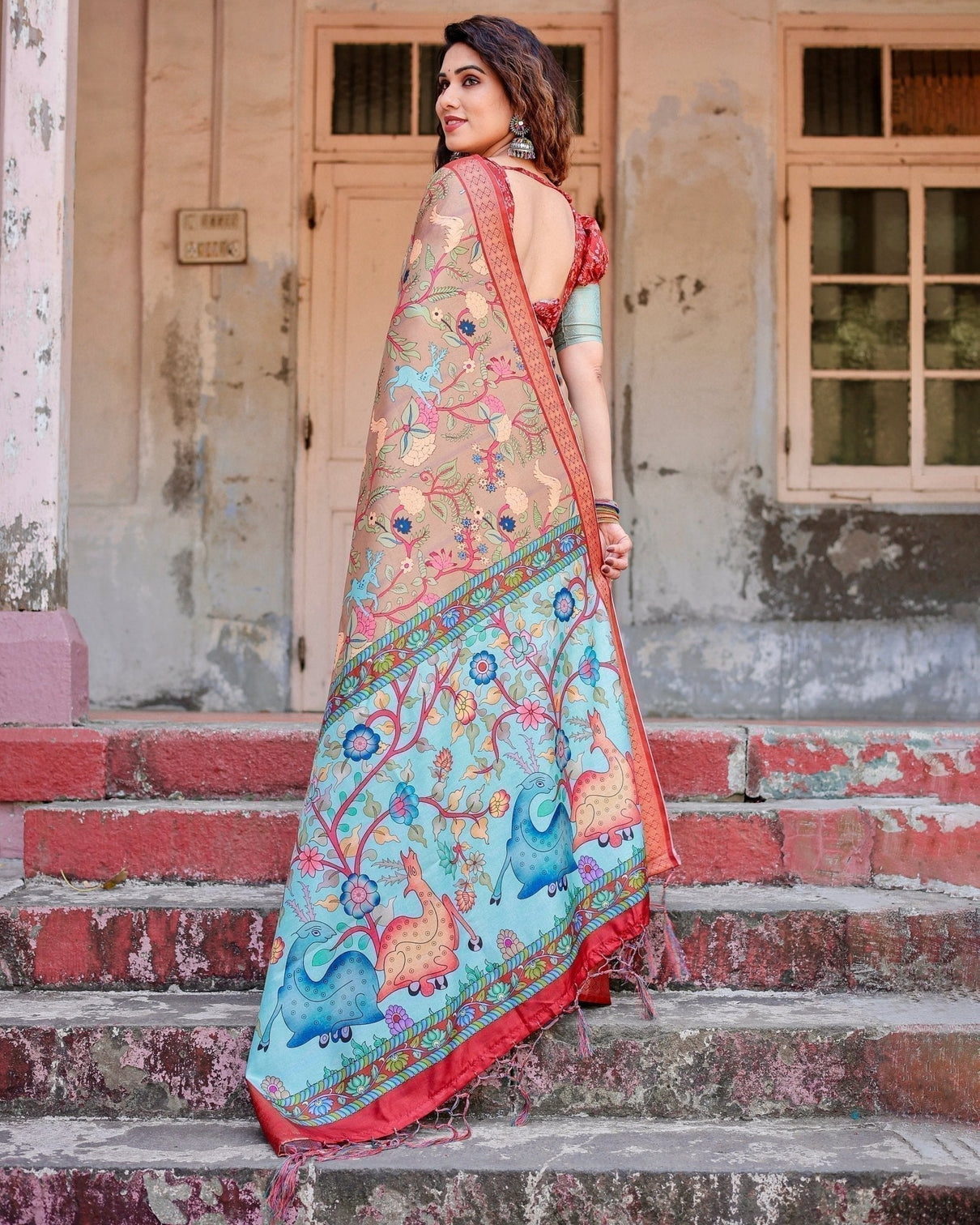 Beige Tussar Silk Saree with Vibrant Multicolor Floral Prints and Red Zari Border