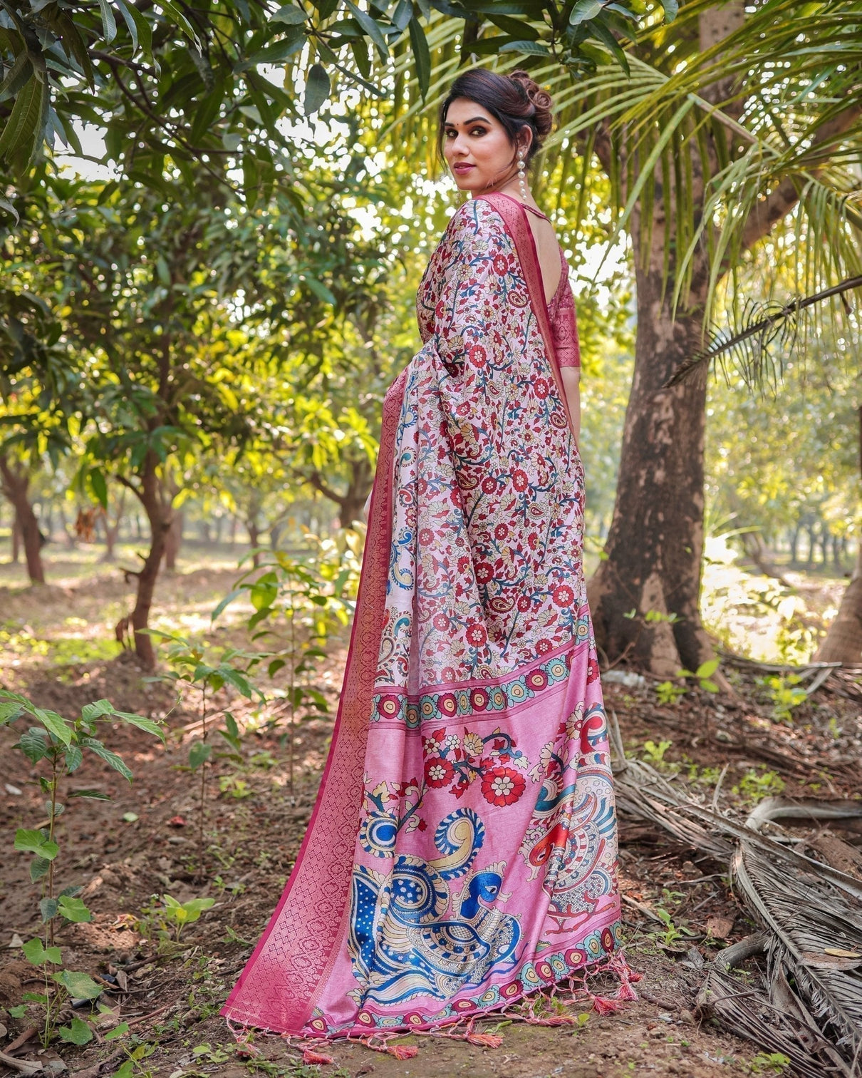 Blush Pink Digital Print Tussar Silk Saree with Zari Border and Peacock Motif Pallu