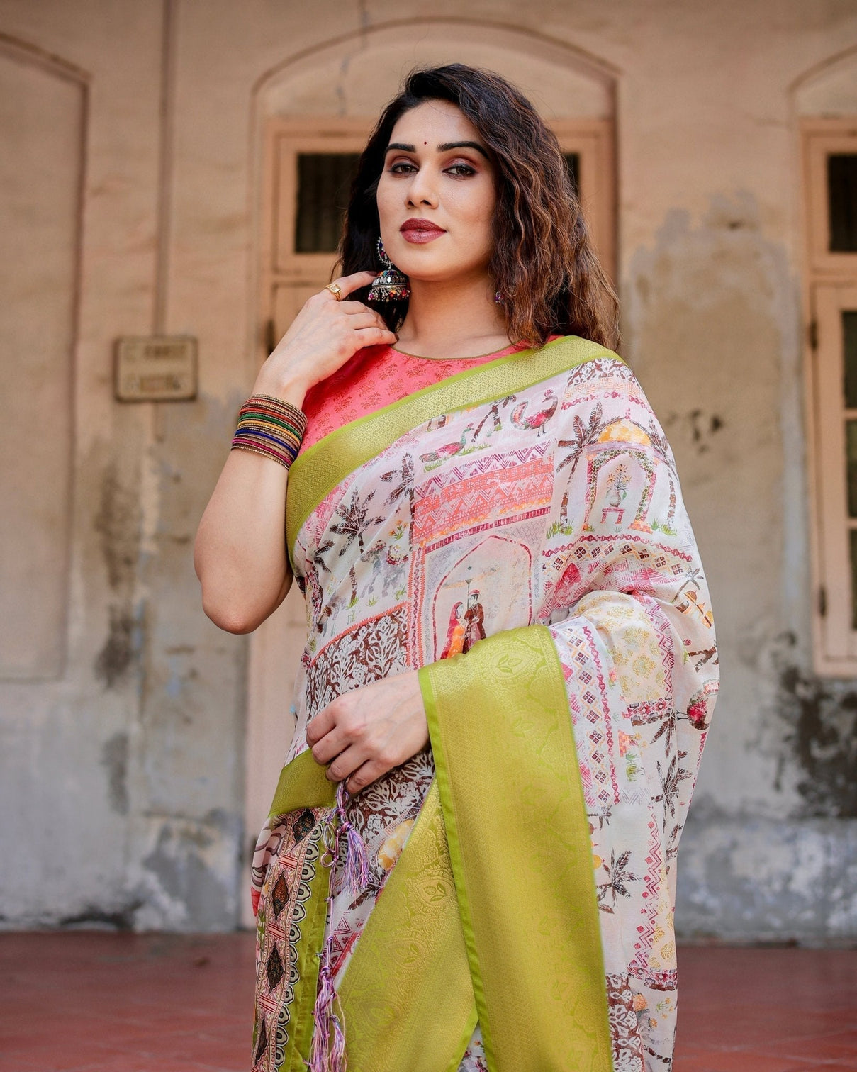 Pastel Tussar Silk Saree with Lime Green Zari Border and Hand-Painted Heritage Designs