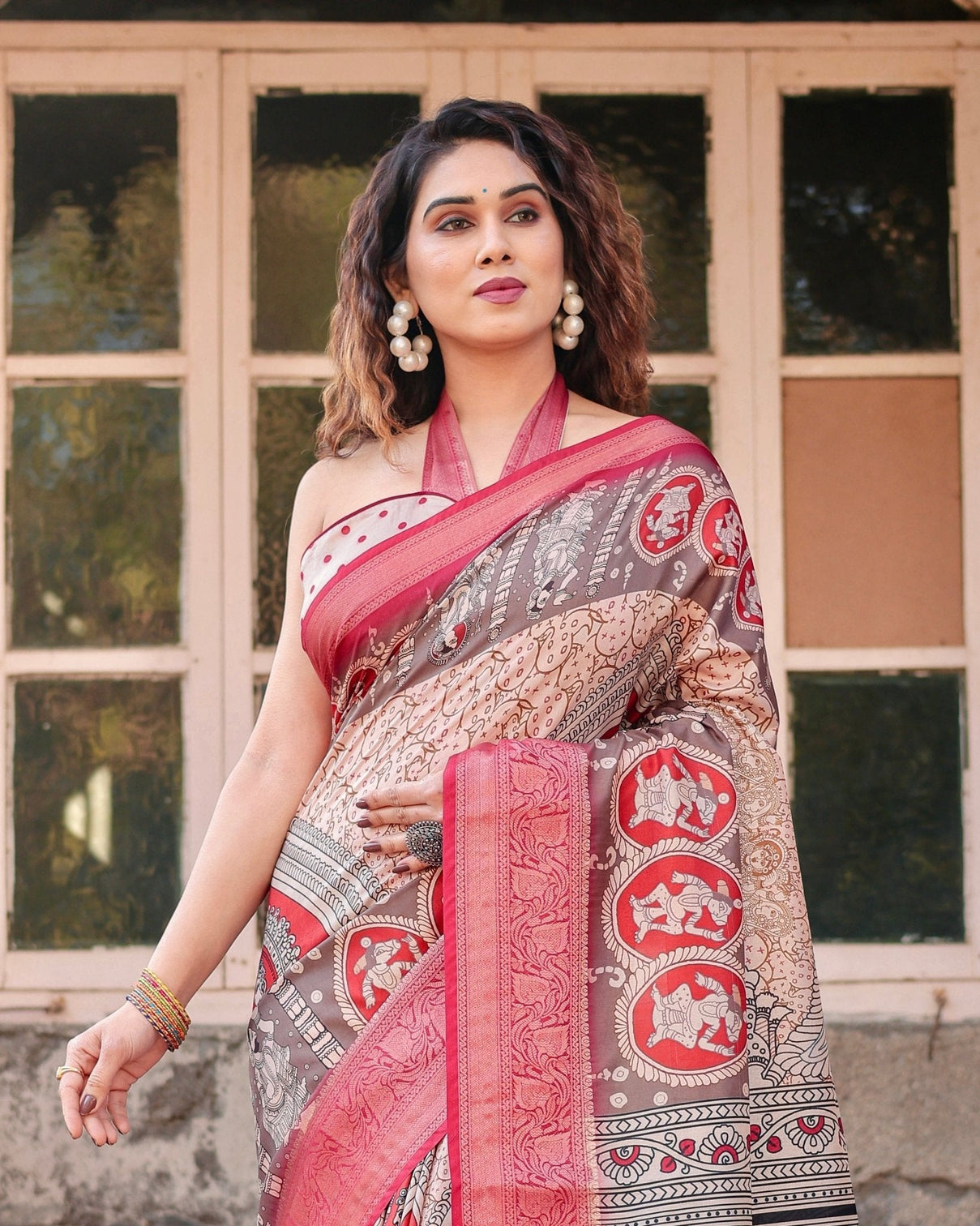 Beige and Red Tussar Silk Saree with Traditional Motifs and Ornamental Zari Border