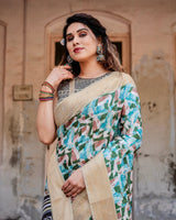 Contemporary Abstract Print Saree with Gold Border and Monochrome Patterned Pallu