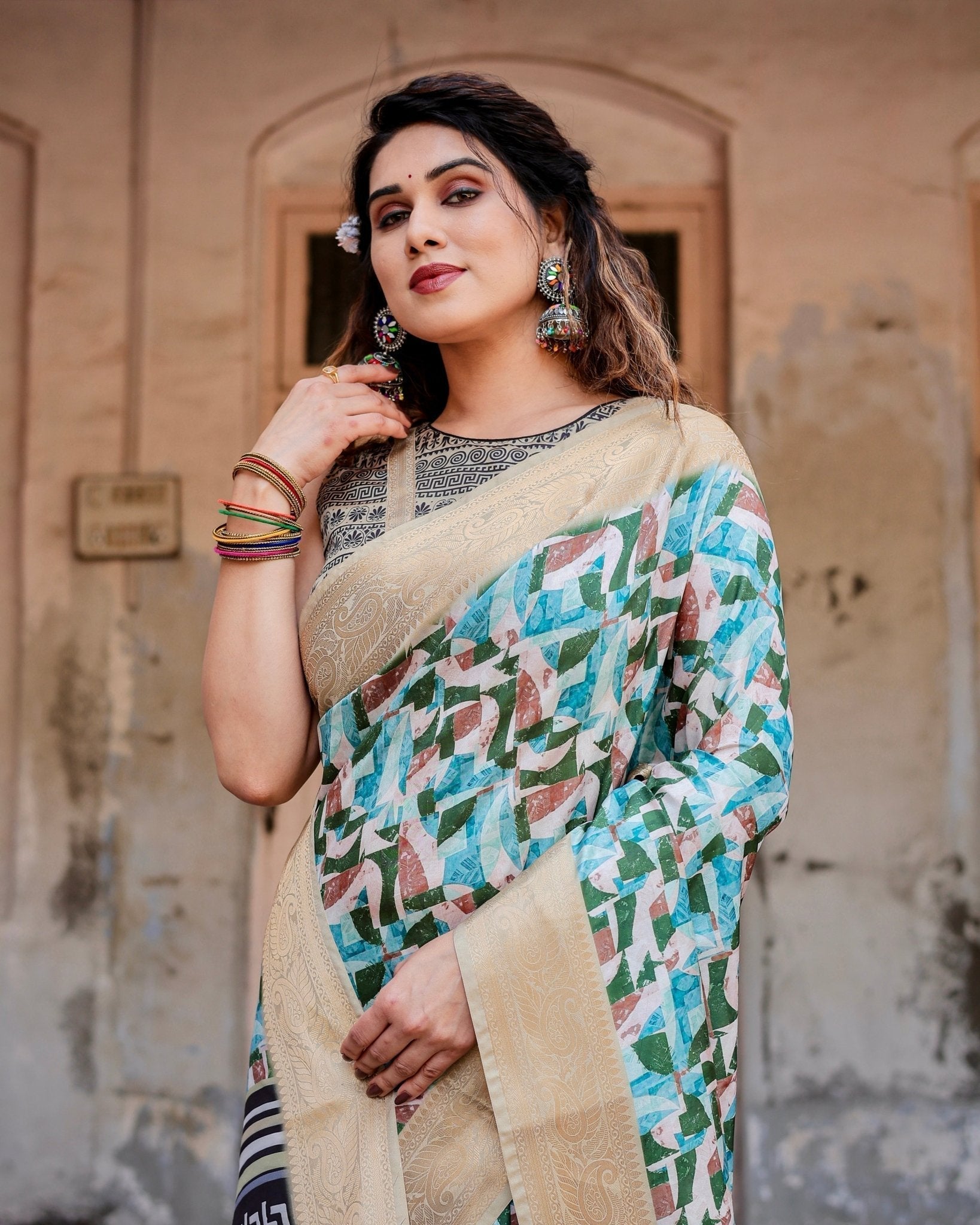 Contemporary Abstract Print Saree with Gold Border and Monochrome Patterned Pallu