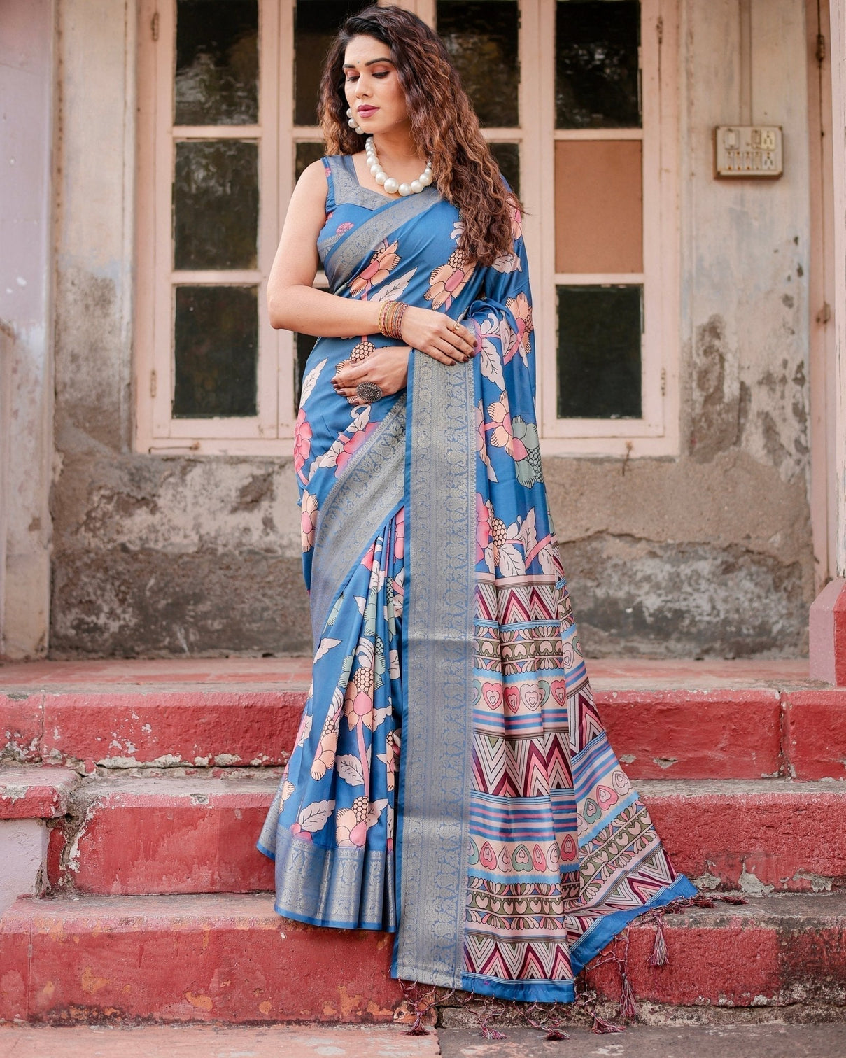 Sky Blue Tussar Silk Saree with Bold Floral Motifs and Chevron Pallu Design