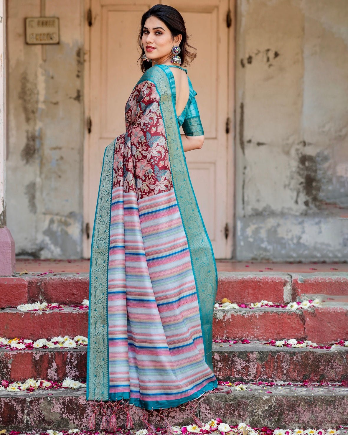 Maroon and Teal Tussar Silk Saree with Floral Zari Weave and Striped Pallu