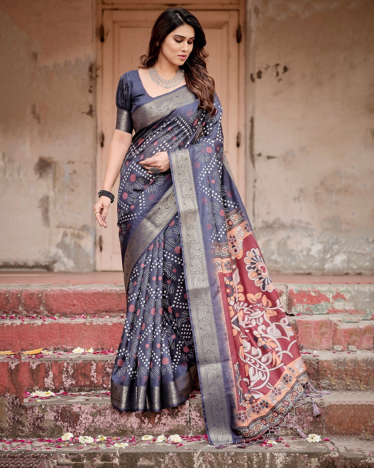 Navy Blue Tussar Silk Saree with Geometric Patterns, Zari Border, and Vibrant Pallu