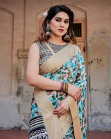 Contemporary Abstract Print Saree with Gold Border and Monochrome Patterned Pallu