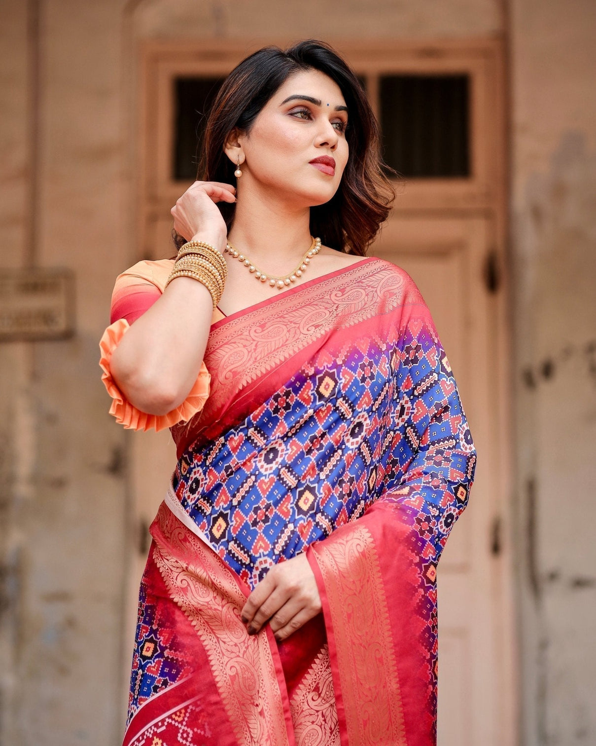Royal Blue and Red Tussar Silk Saree with Geometric Patterns and Ornate Zari Border