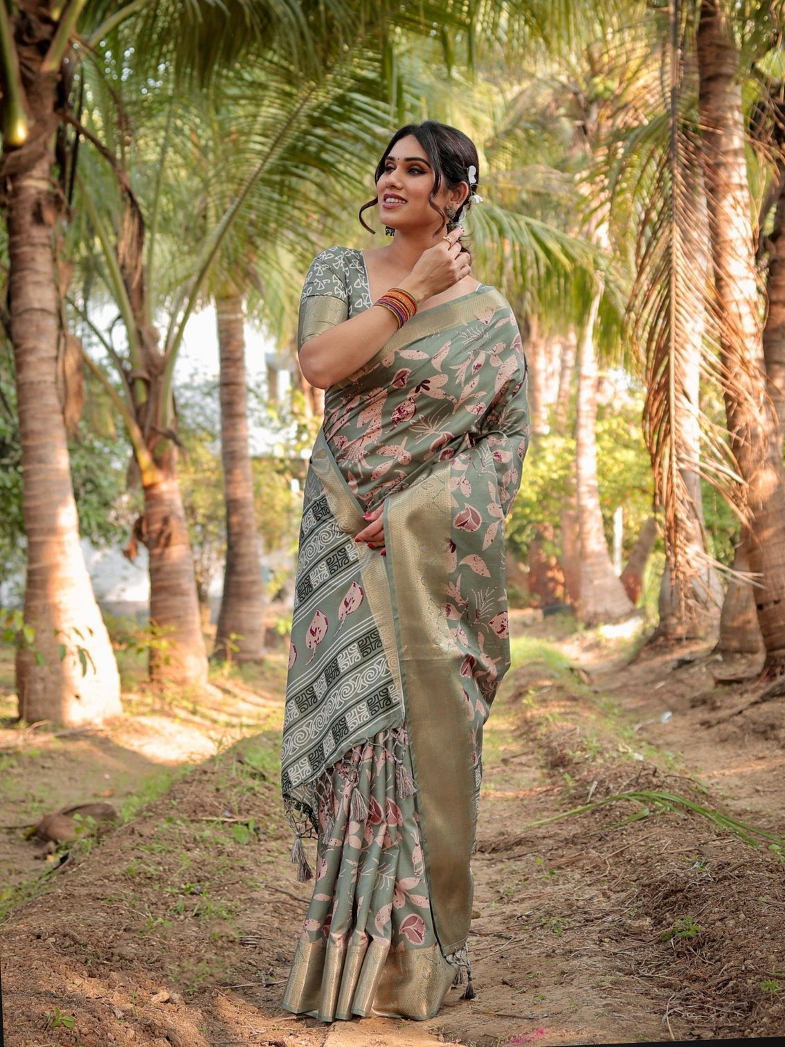 Graceful Olive Green Tussar Silk Saree with Intricate Beige and Maroon Botanical Print and Zari Border