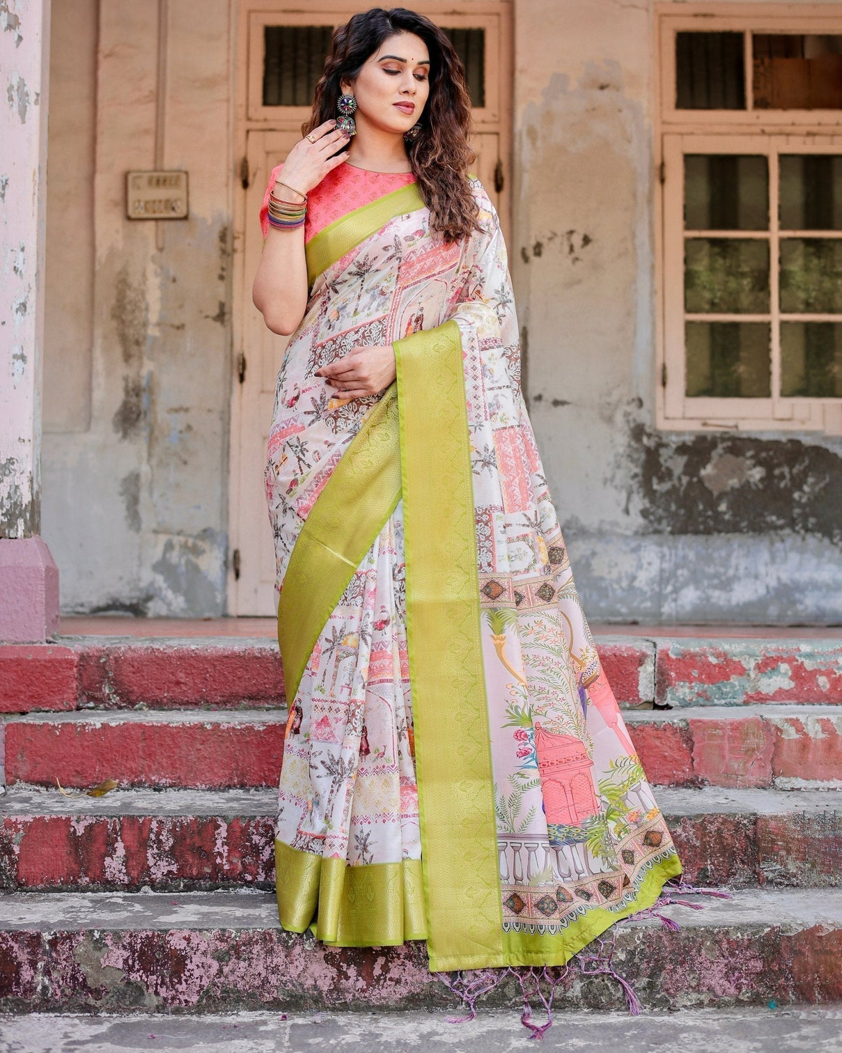 Pastel Tussar Silk Saree with Lime Green Zari Border and Hand-Painted Heritage Designs