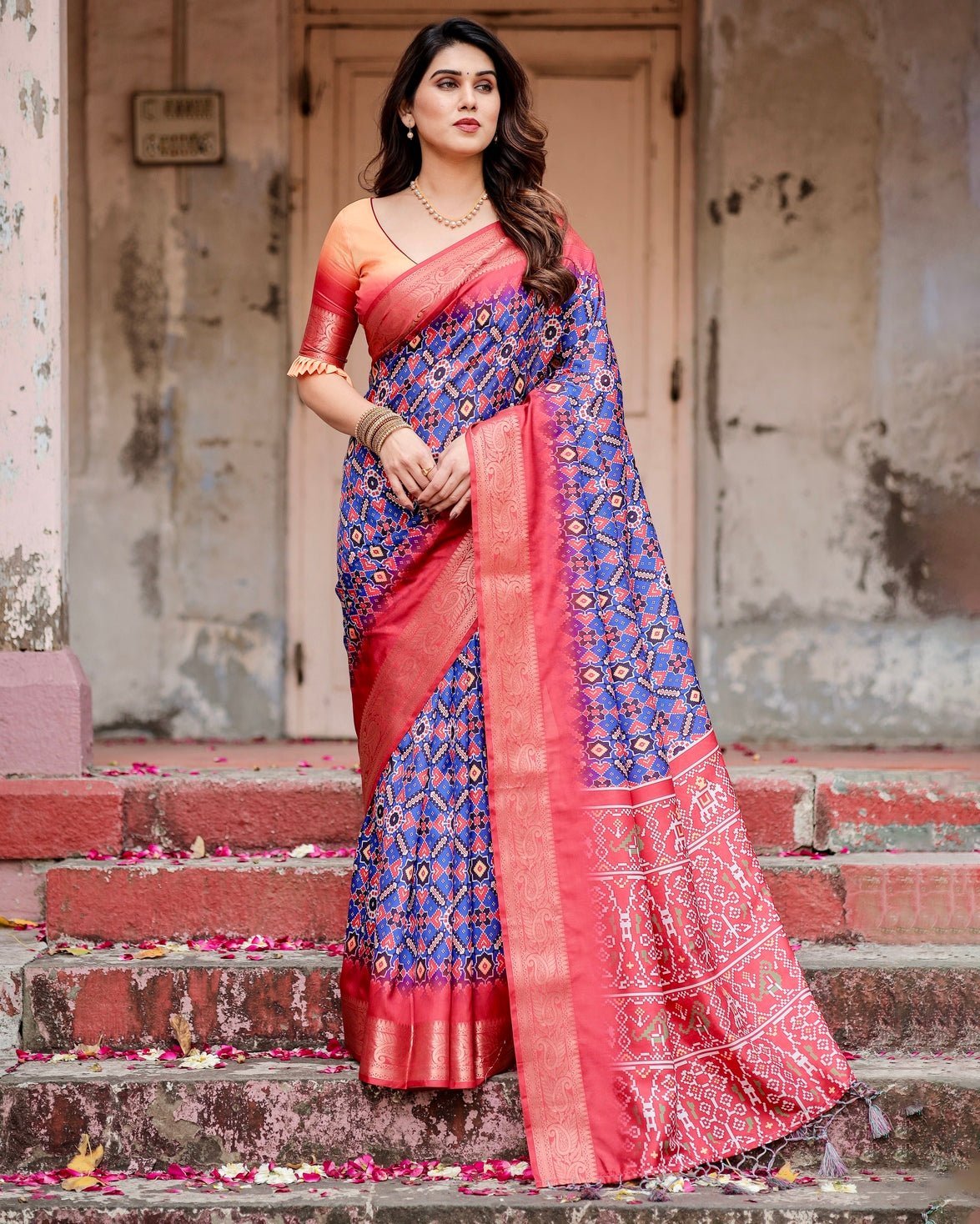 Royal Blue and Red Tussar Silk Saree with Geometric Patterns and Ornate Zari Border
