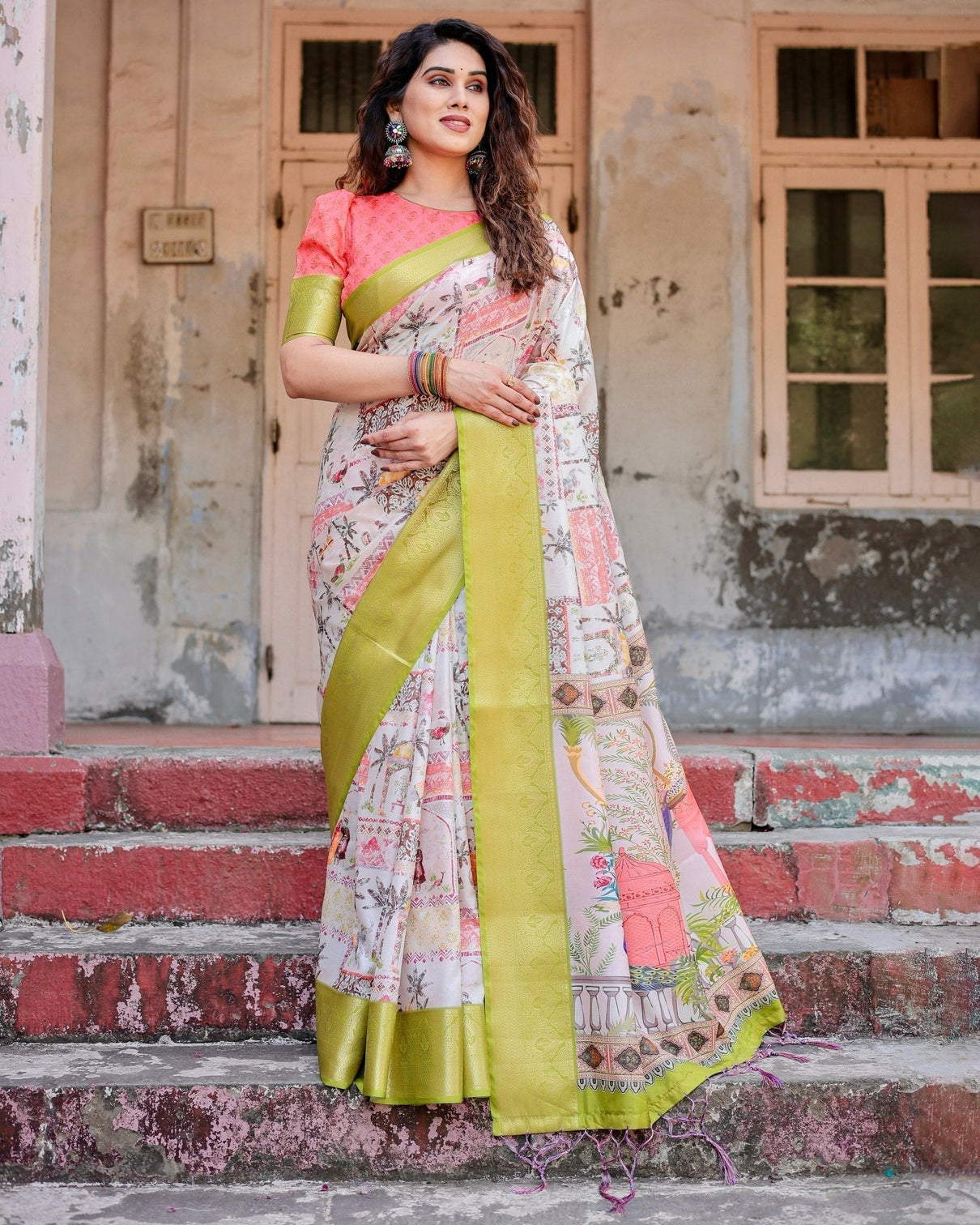 Pastel Tussar Silk Saree with Lime Green Zari Border and Hand-Painted Heritage Designs