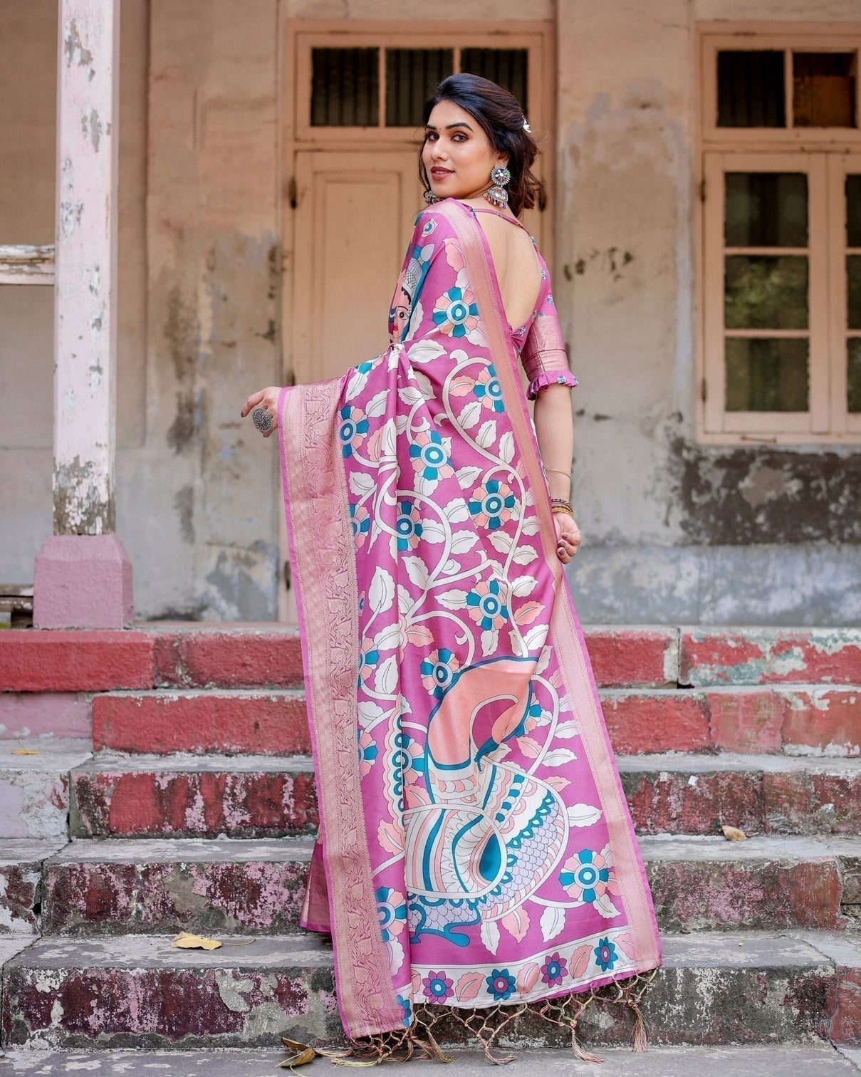 Blush Pink Tussar Silk Saree with Elegant Peacock and Floral Kalamkari Design