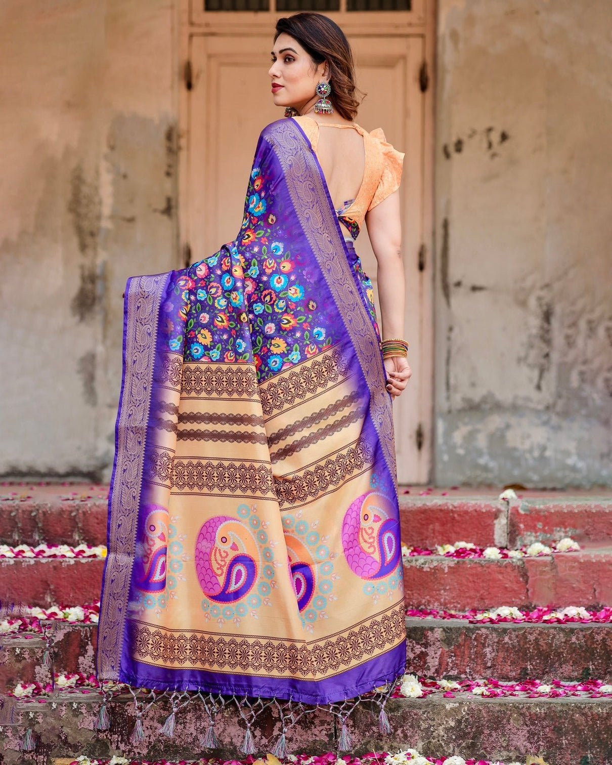 Royal Purple Tussar Silk Saree with Vibrant Floral Print and Peacock Motif Pallu