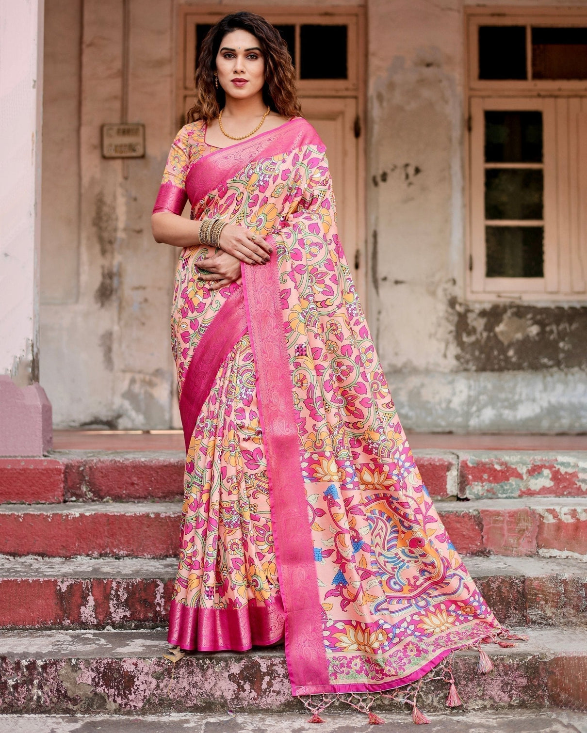 Peach and Fuchsia Floral Digital Print Tussar Silk Saree with Zari Border and Paisley Pallu