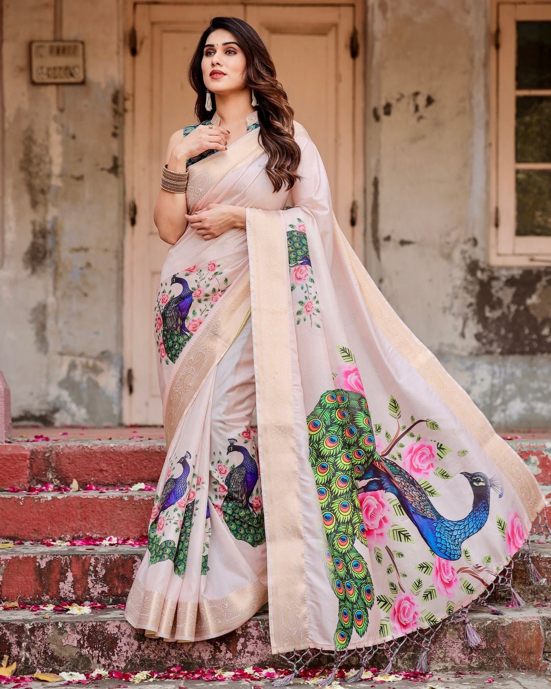 Soft Pastel Pink Tussar Silk Saree with Hand-Painted Peacock and Floral Motifs
