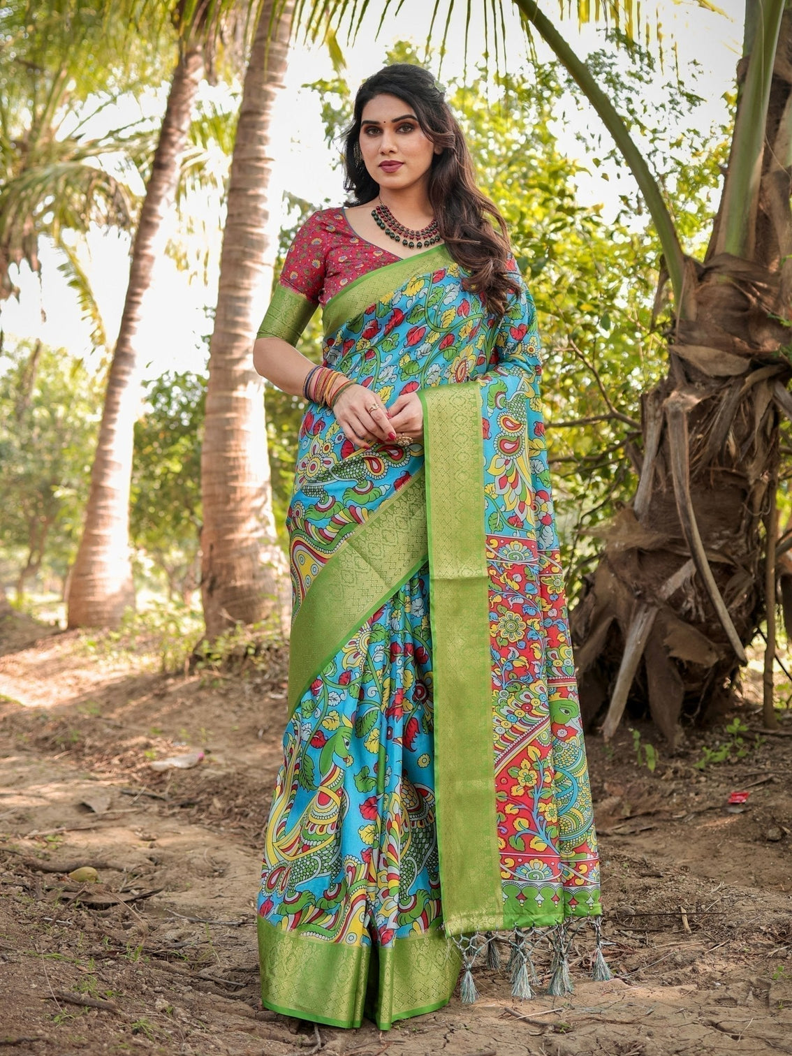 Vibrant Peacock Motif Blue and Green Tussar Silk Saree with Zari Border