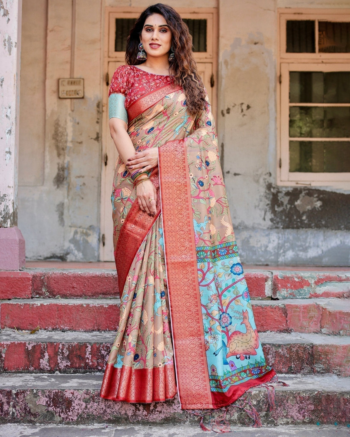 Beige Tussar Silk Saree with Vibrant Multicolor Floral Prints and Red Zari Border