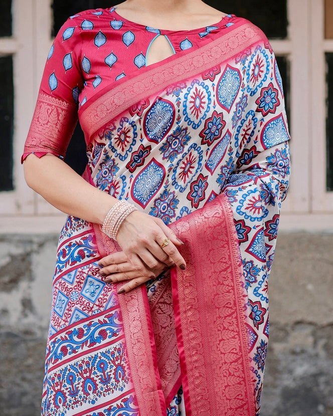 White and Red Tussar Silk Saree with Vibrant Floral Geometric Motifs and Ornamental Zari Border
