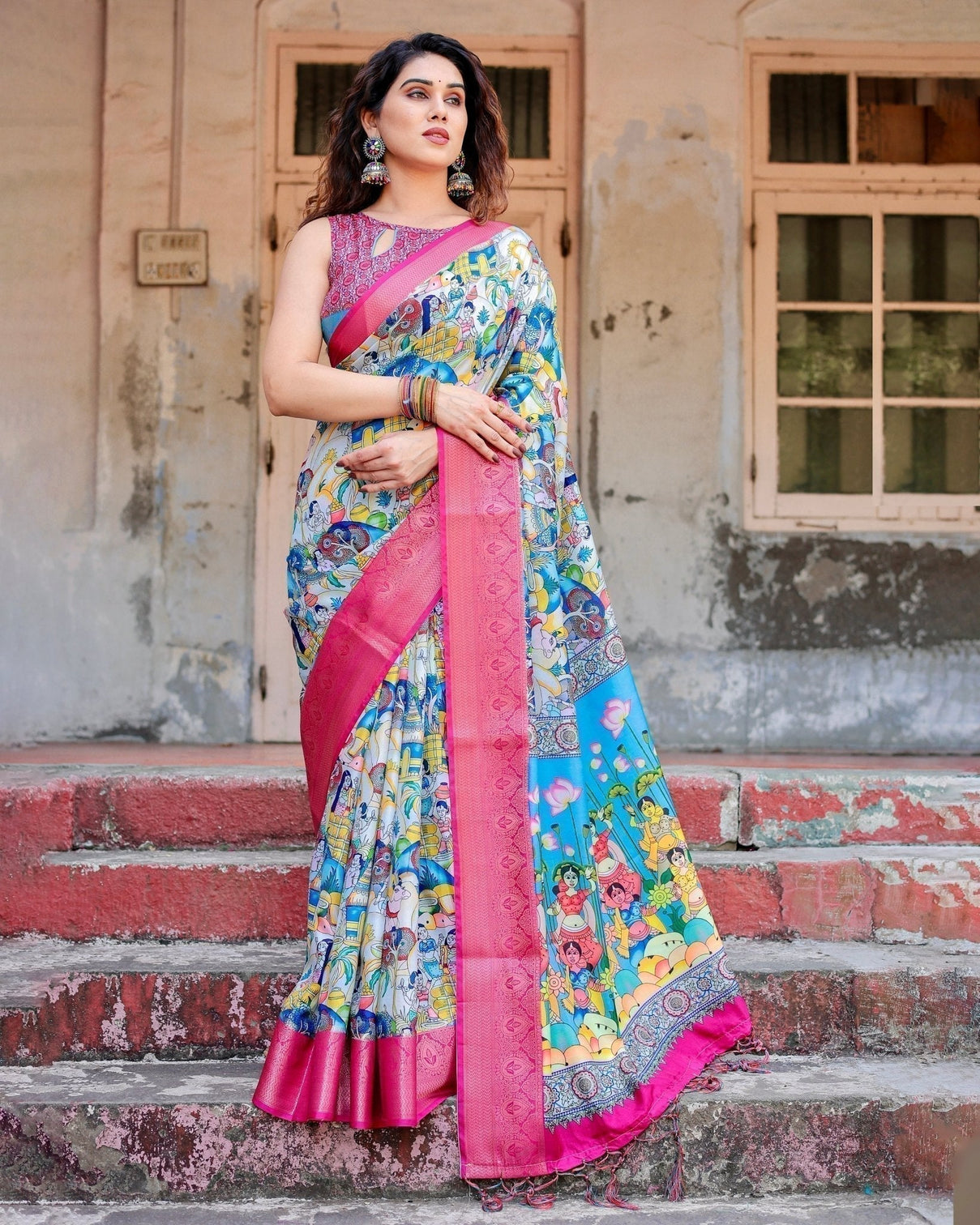 Vibrant Multicolor Digital Printed Tussar Silk Saree with Pink Zari Border