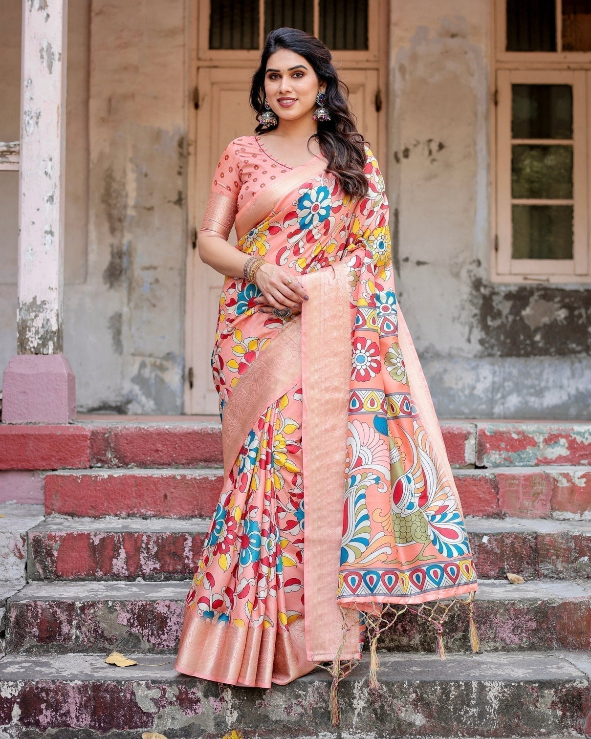 Peach Tussar Silk Saree with Vibrant Floral Kalamkari and Zari Highlights