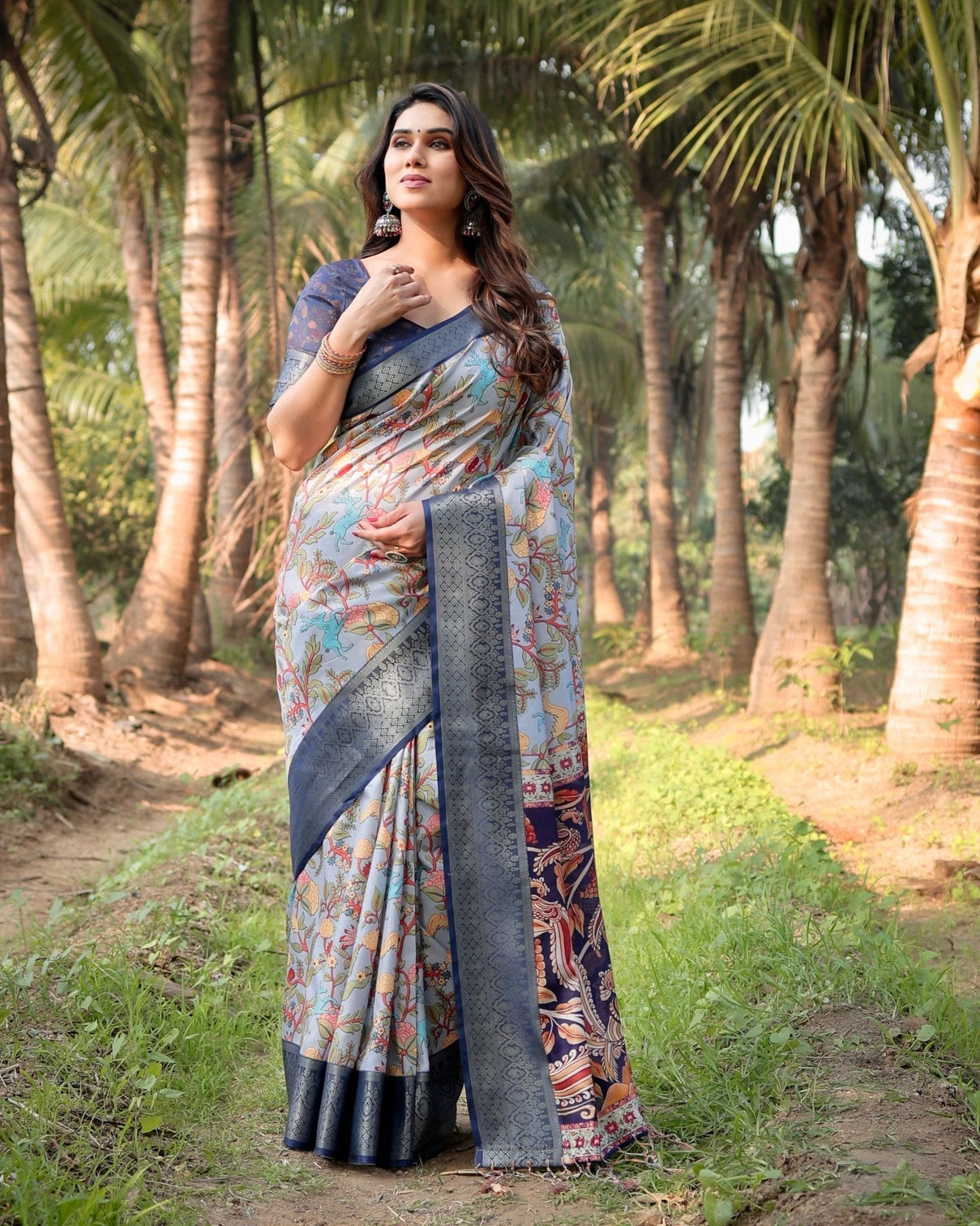 Sky Blue and Navy Digital Print Tussar Silk Saree with Zari Woven Border and Floral Motif Pallu