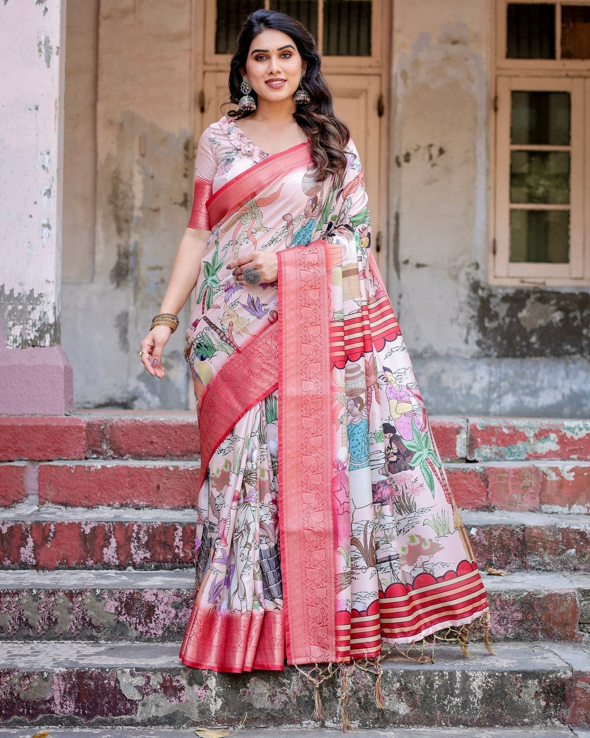 Blush Pink Digital Print Tussar Silk Saree with Vibrant Storyline Art