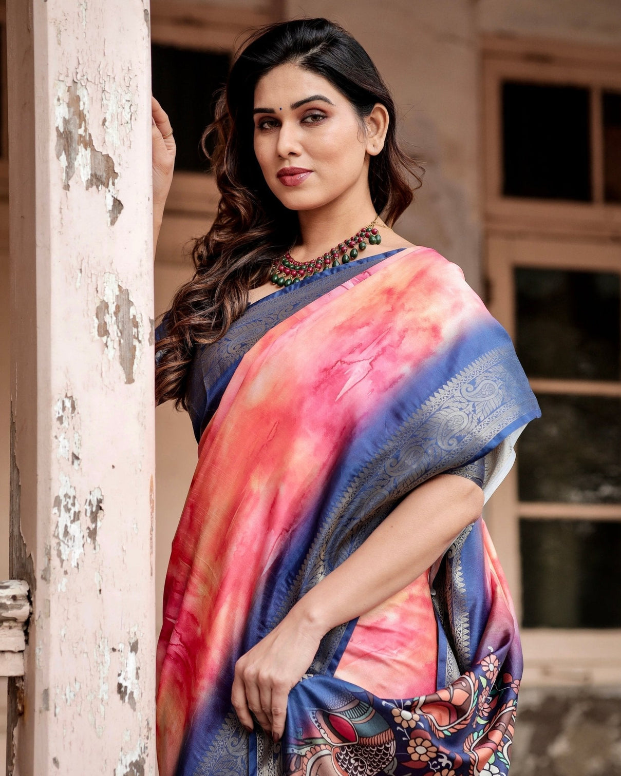 Pink and Blue Digital Printed Saree with Peacock Motif and Tassel Detail