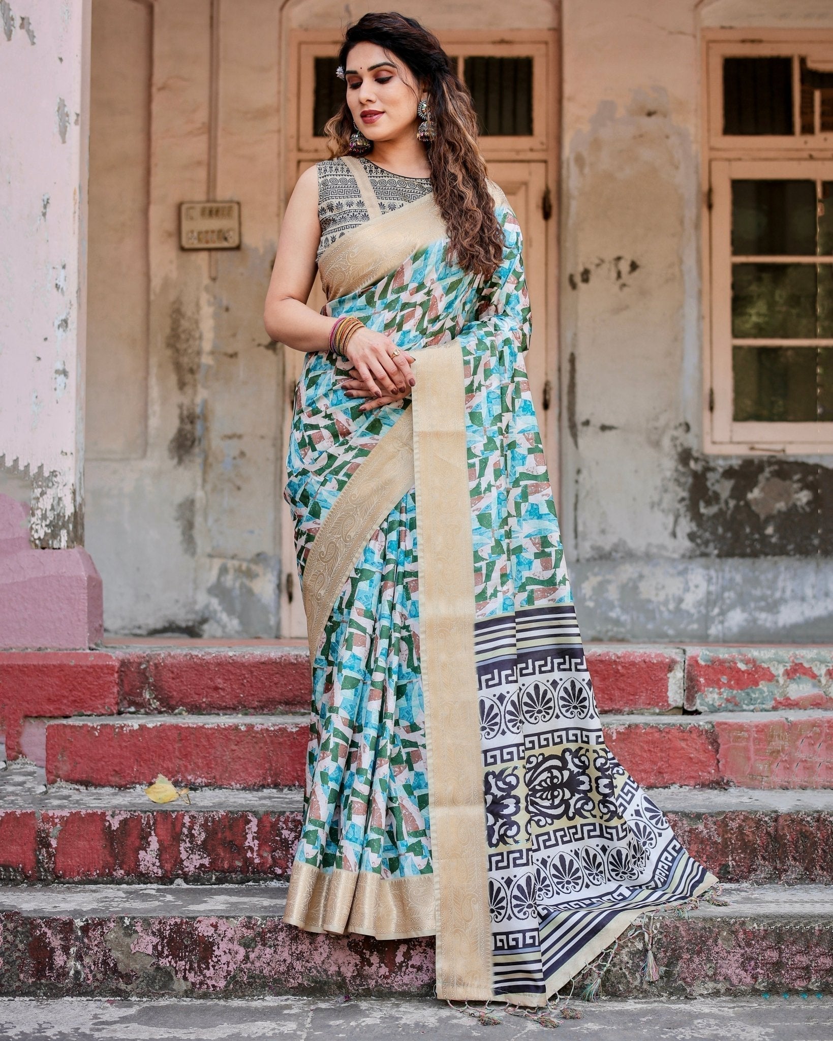 Contemporary Abstract Print Saree with Gold Border and Monochrome Patterned Pallu