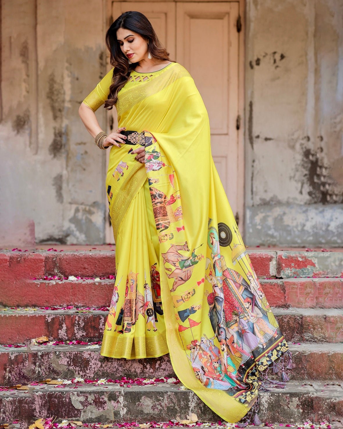 Vibrant Yellow Tussar Silk Saree with Royal Procession Pallu and Zari Accents