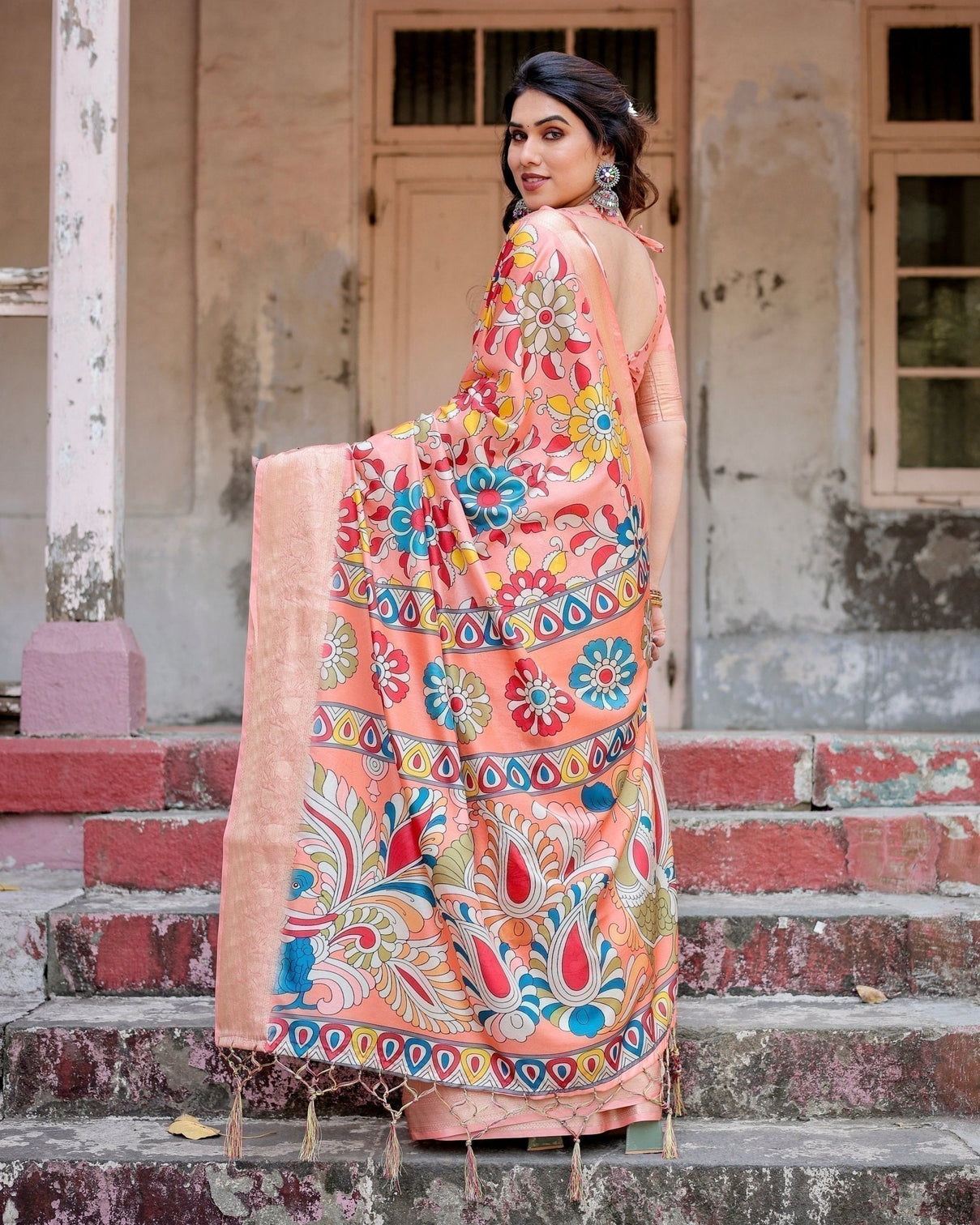 Peach Tussar Silk Saree with Vibrant Floral Kalamkari and Zari Highlights