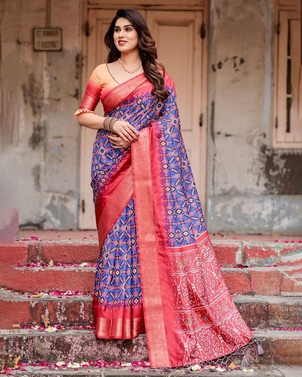 Royal Blue and Red Tussar Silk Saree with Geometric Patterns and Ornate Zari Border