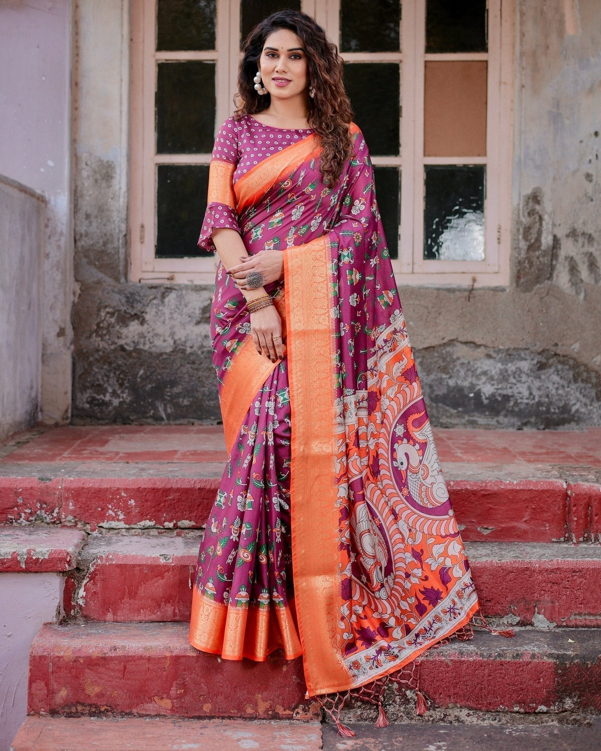 Wine Purple and Orange Tussar Silk Saree with Floral Motifs and Artistic Pallu