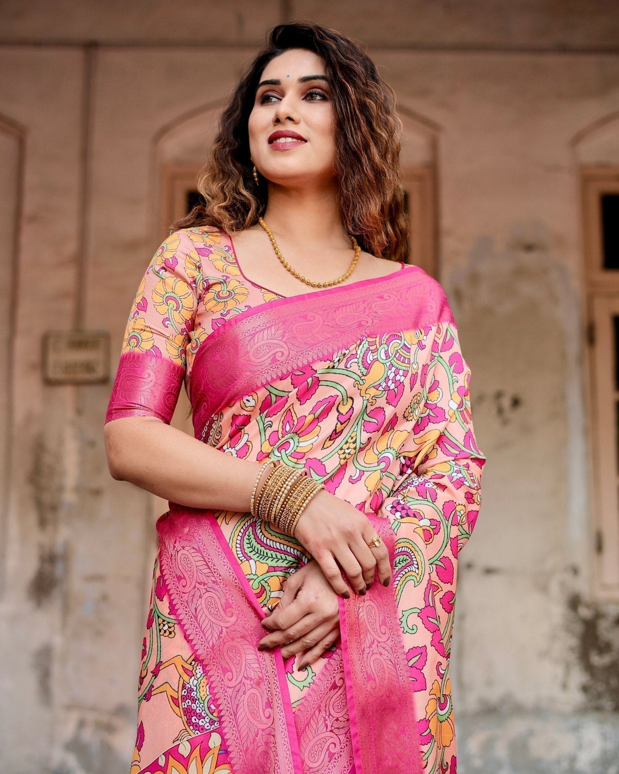Peach and Fuchsia Floral Digital Print Tussar Silk Saree with Zari Border and Paisley Pallu